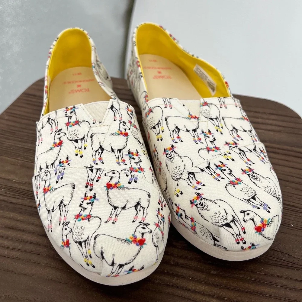 TOMS x Paper Source Alpargata Ivory Floral Llamas Print Slip‎ On Shoes NWT 11